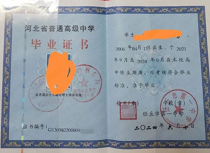 忻州任丘市第一中学高中毕业证样本图片